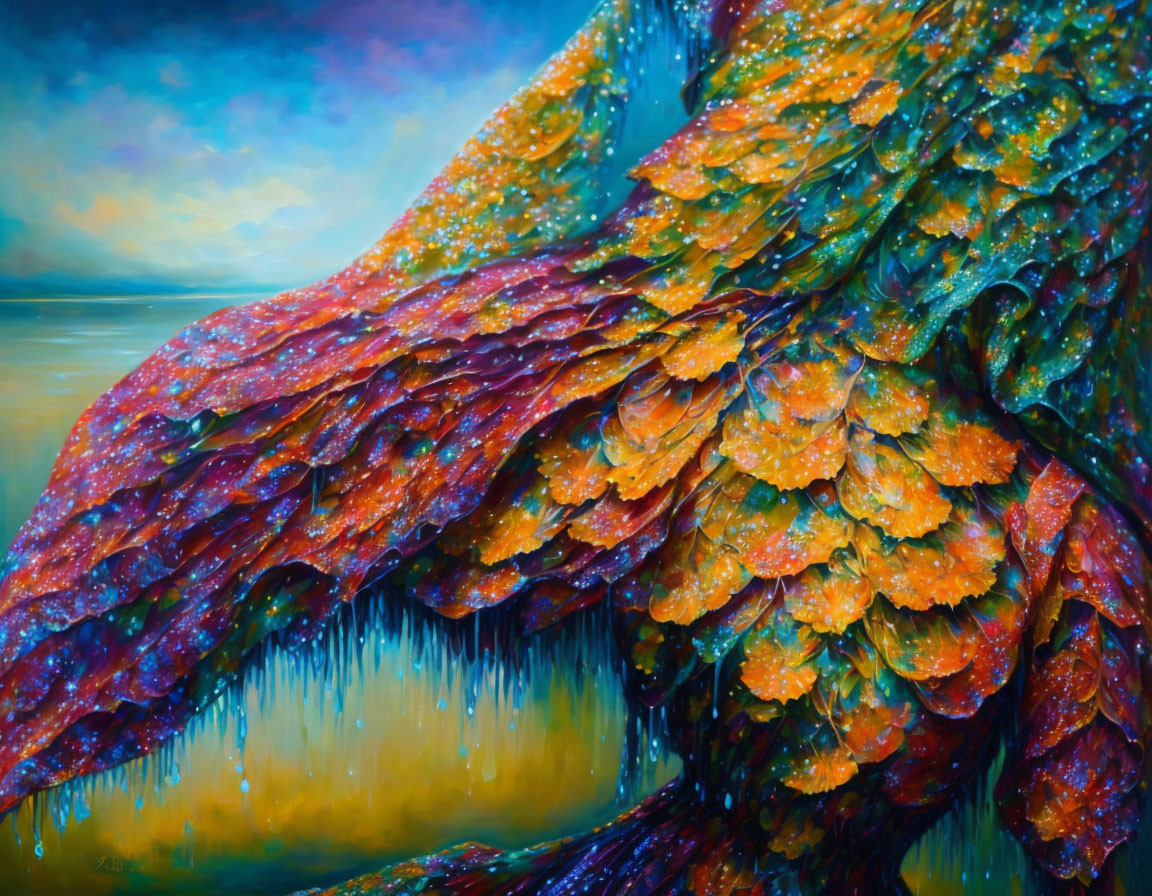 Colorful mythical wing painting with rich textures in orange, red, and green on blue backdrop