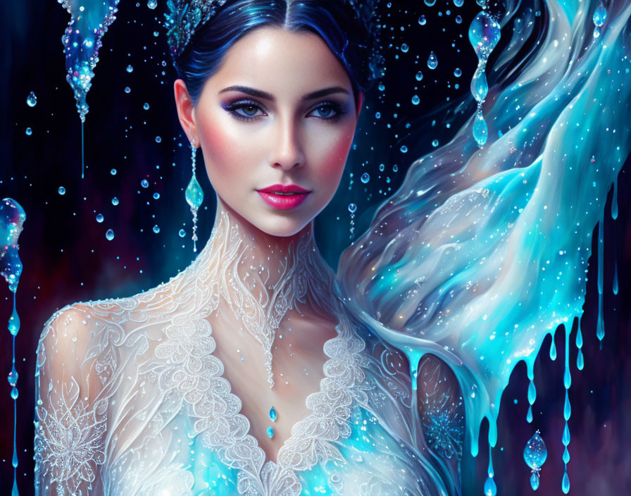 Fantasy portrait of a woman with blue jewels, lace attire, and water backdrop
