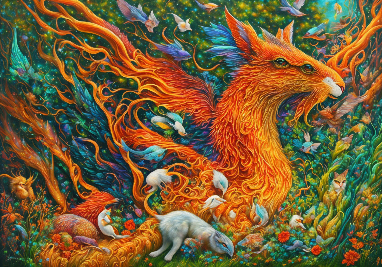 Colorful Psychedelic Fox in Fantasy Forest Illustration
