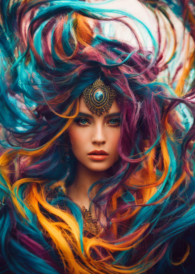 Multicolored hair woman with blue eyes and bohemian jewelry