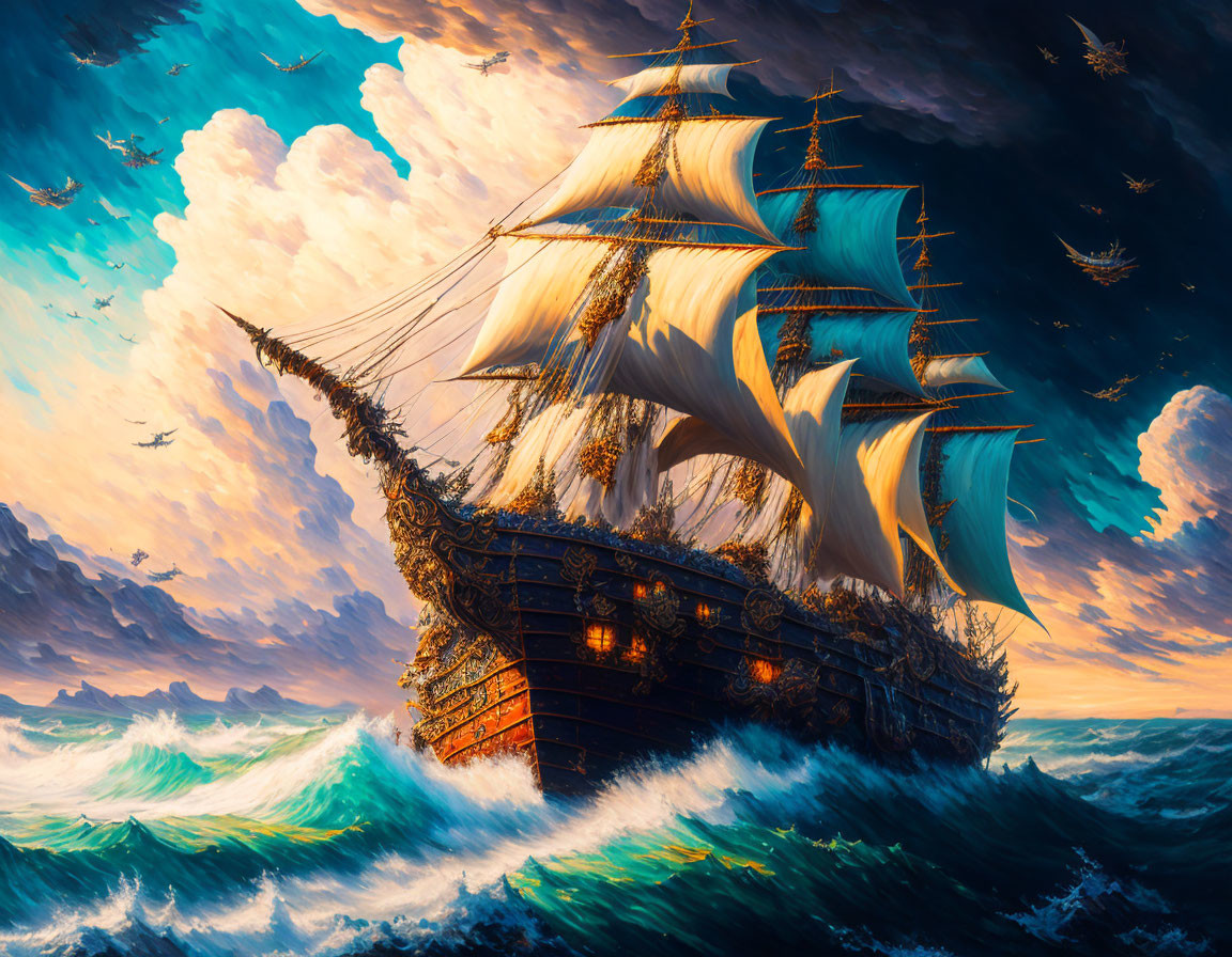 Sailing ship with billowing sails on turbulent ocean waves at sunset