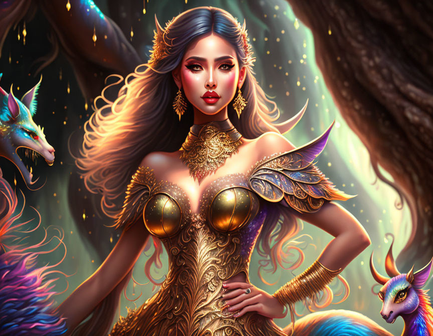 Fantasy woman in golden armor with mythical creatures in mystical setting