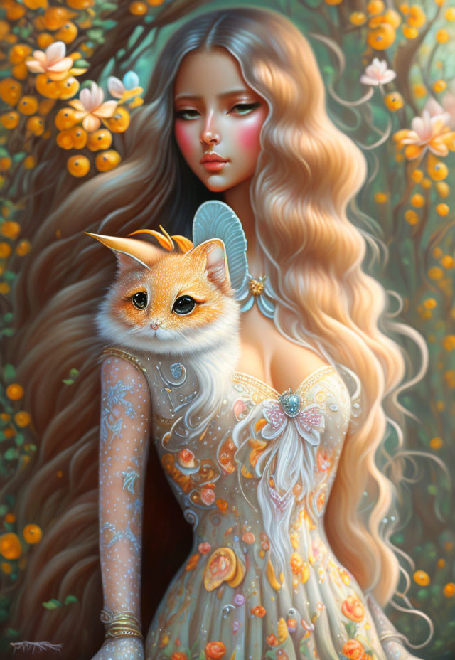 Illustration of woman with flowing hair and orange cat in lush floral setting