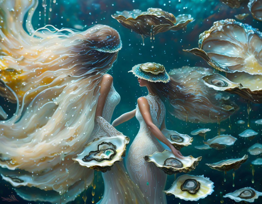 Illustration: Woman merged with oyster theme in underwater scene