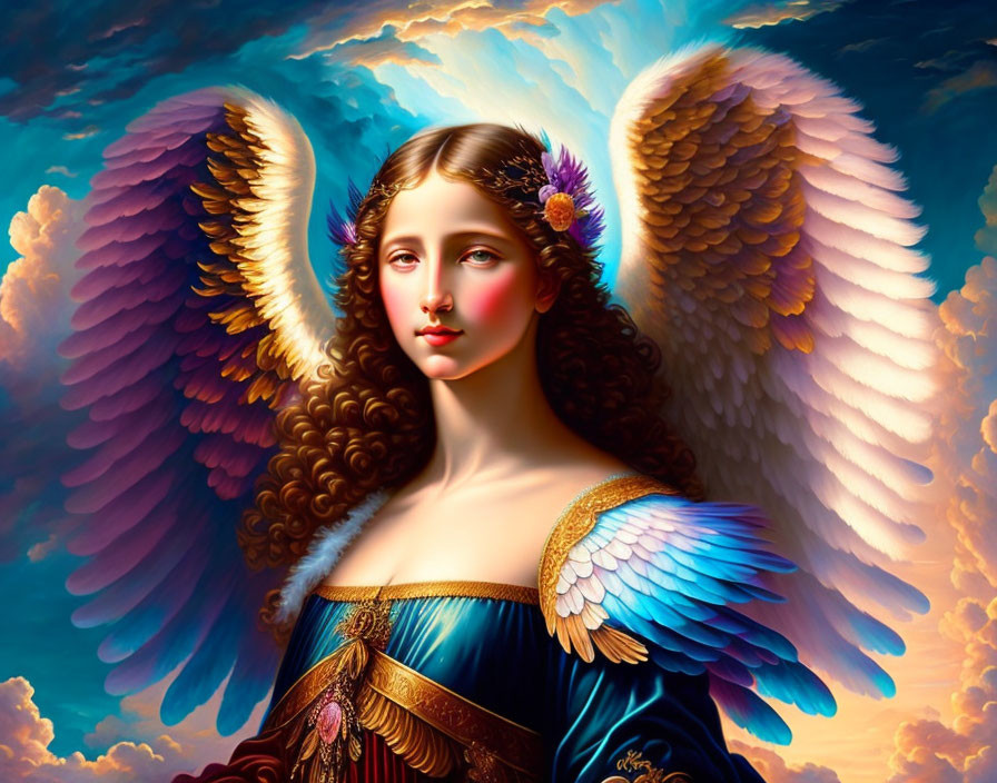 Angel with Large Feathery Wings in Clouds and Serene Female Face
