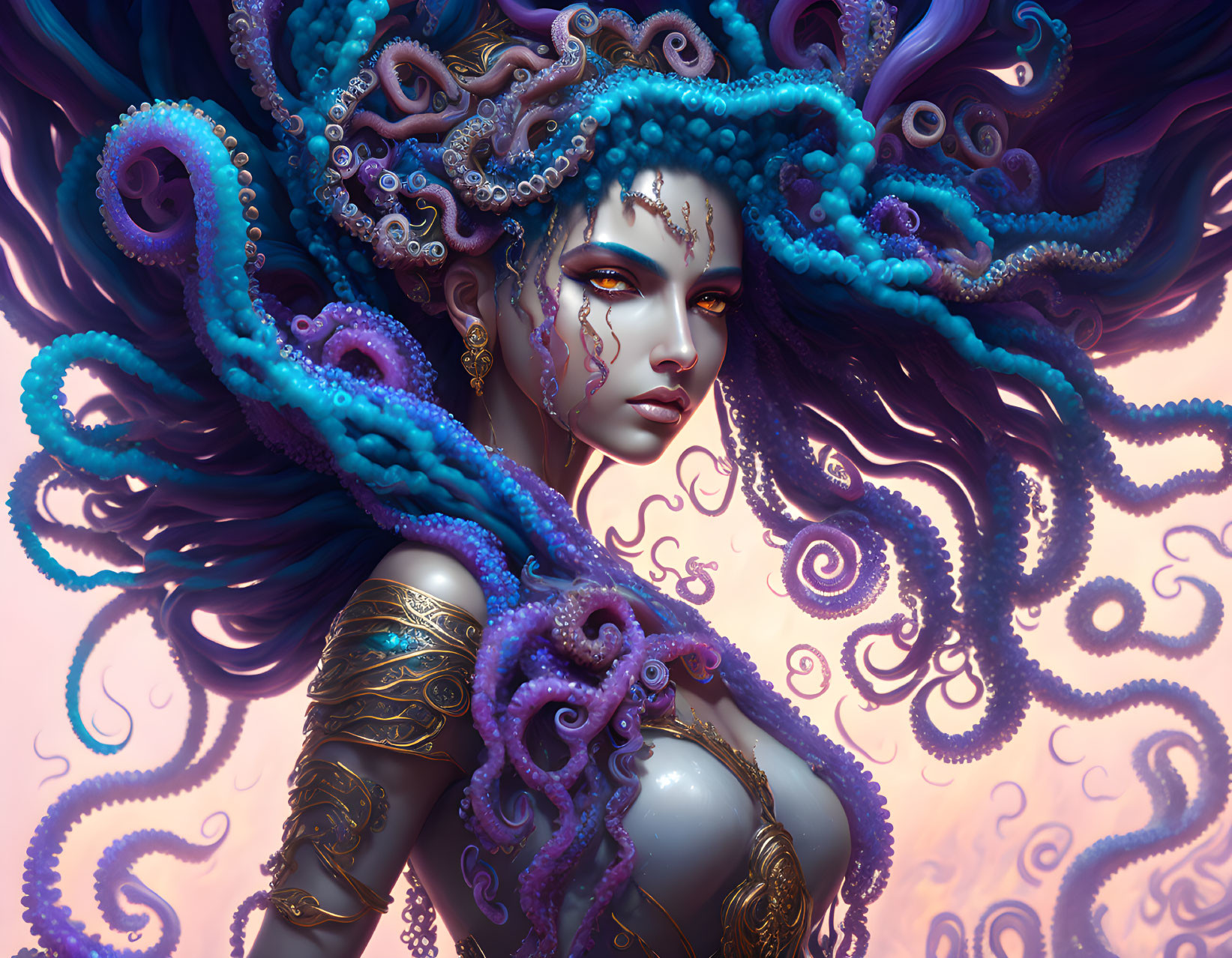 Fantastical image: Woman with octopus-like features in gold armor