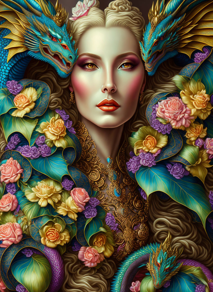 Fantasy Artwork: Pale-Skinned Woman with Bold Makeup, Blue Dragons, and Vibrant