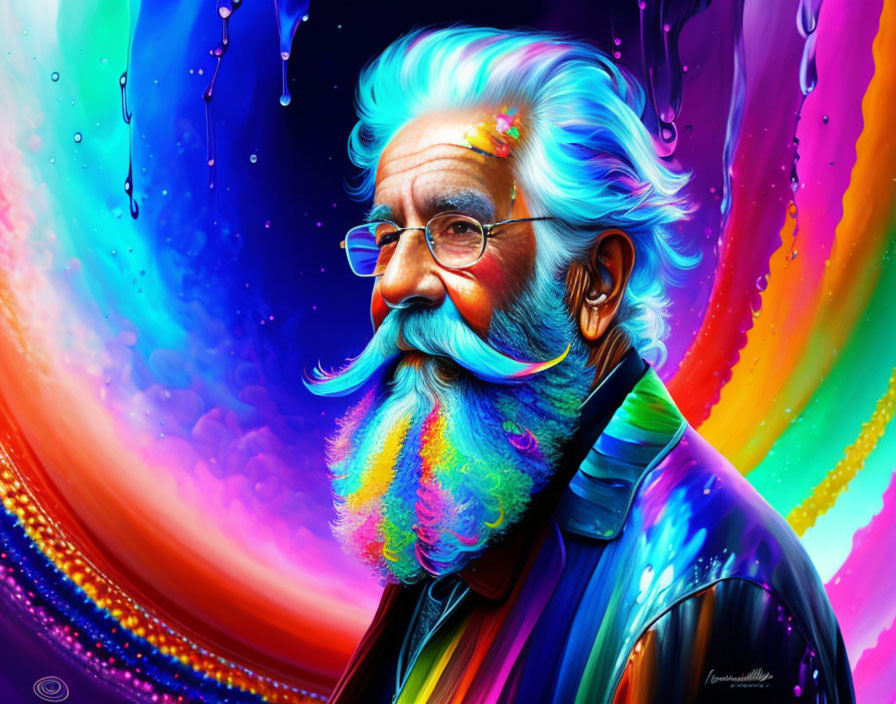 Colorful bearded elderly man in vibrant psychedelic portrait.