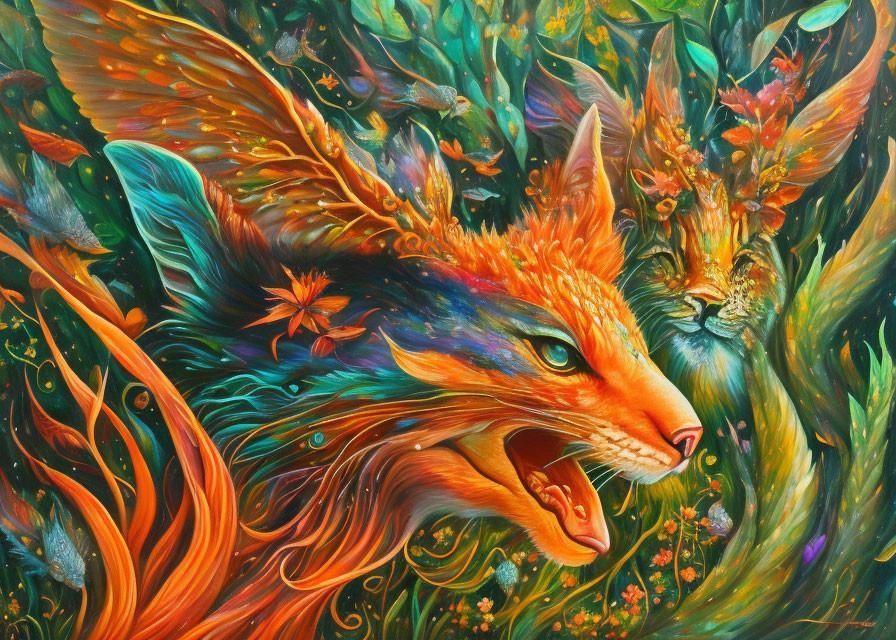 Colorful Painting: Stylized Foxes with Floral Patterns