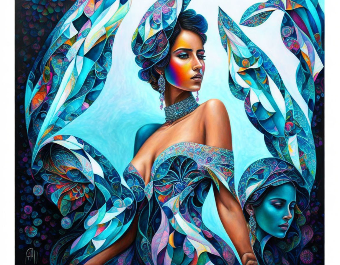 Colorful woman artwork with leaf patterns in blues and teals