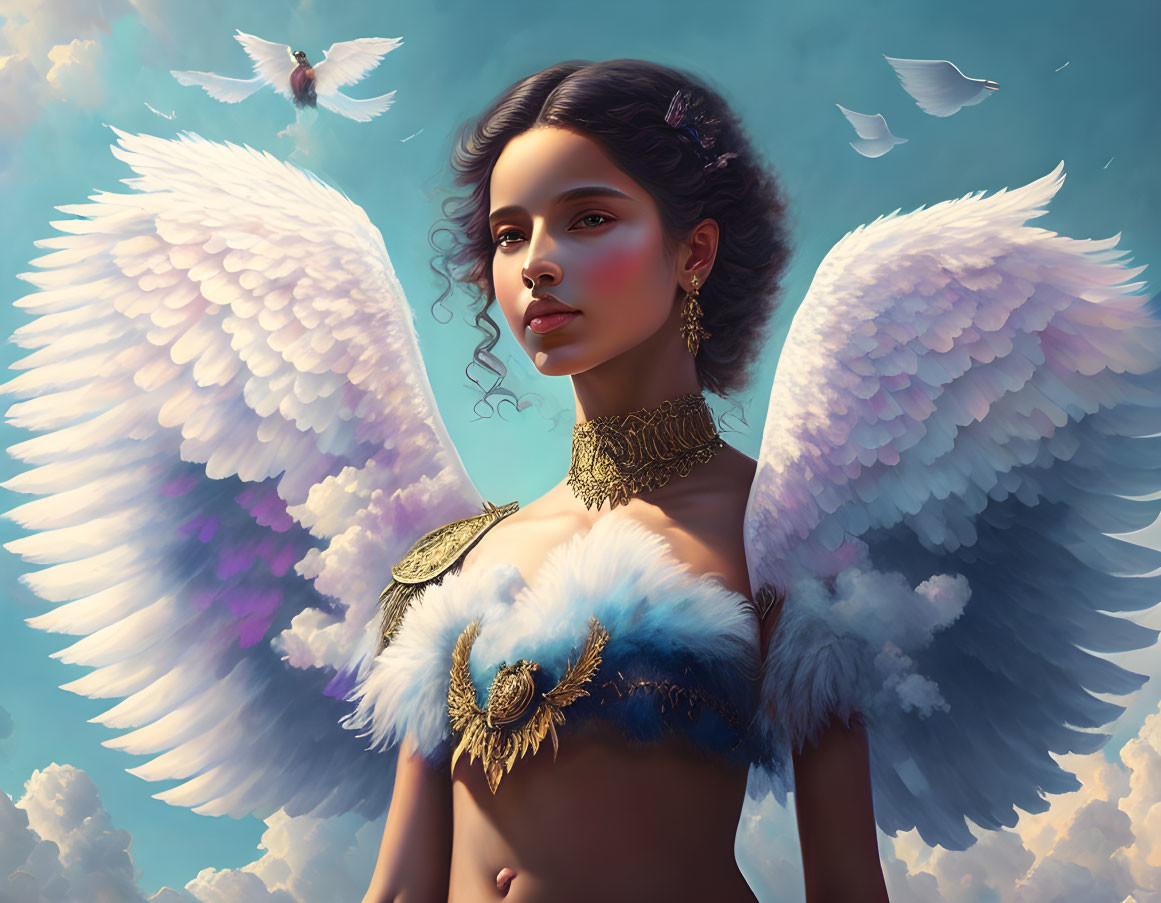 Woman with Large White Wings and Gold Jewelry in Sky with Birds and Dragonfly