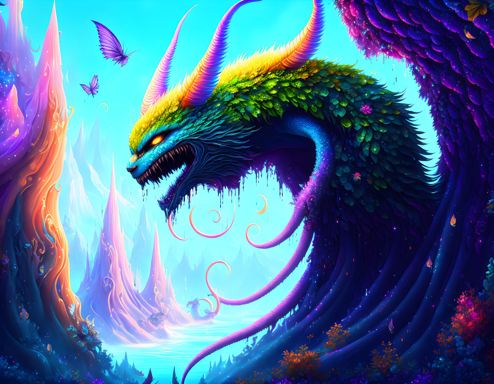 Colorful dragon with green scales in a luminescent forest