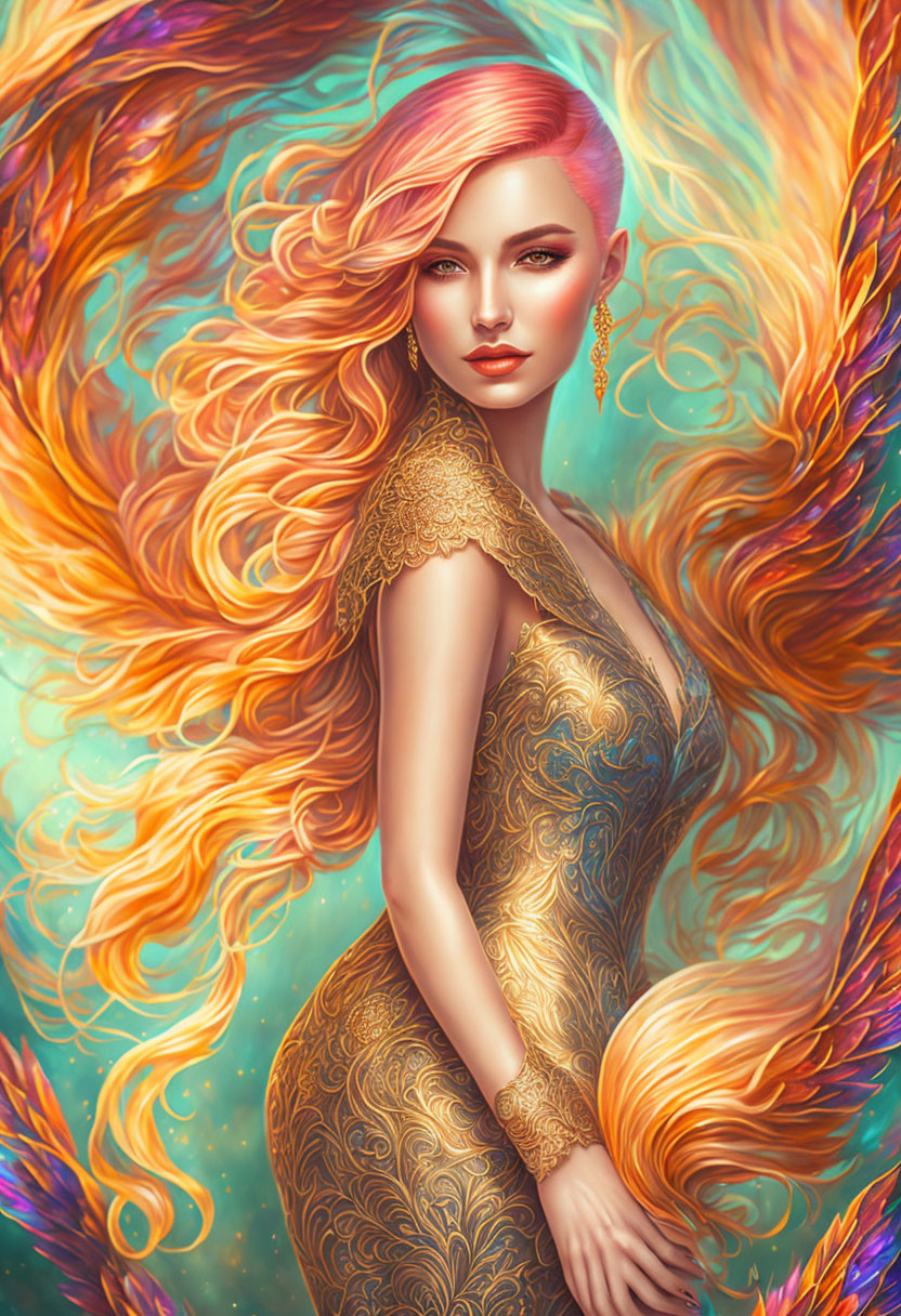 Vibrant illustration: Woman with fiery hair in ornate dress