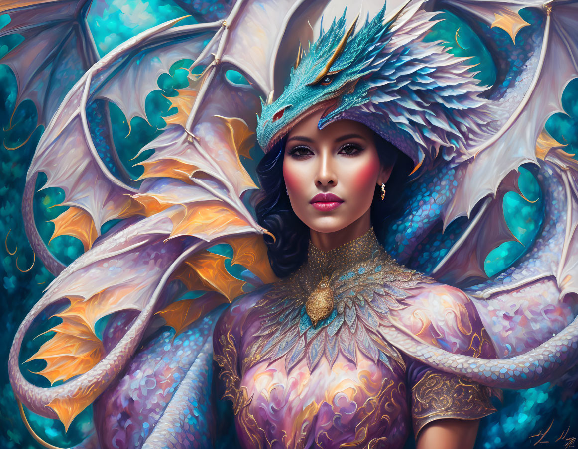 Fantasy artwork: Woman with dragon-like features in ornate armor