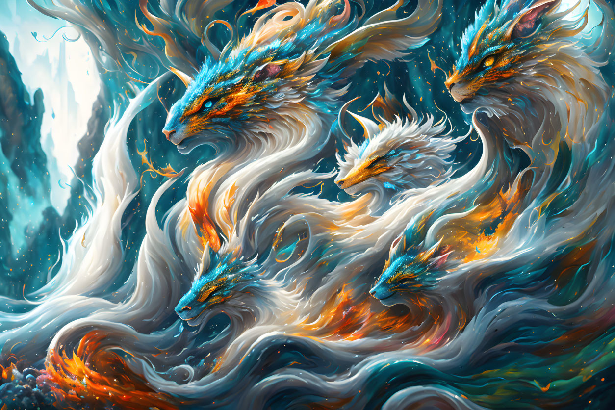 Mythical blue and orange fire creatures in dynamic digital art