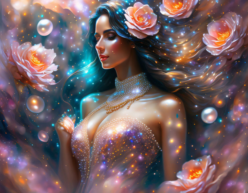 Fantasy illustration of woman with glowing roses and pearls in cosmic setting