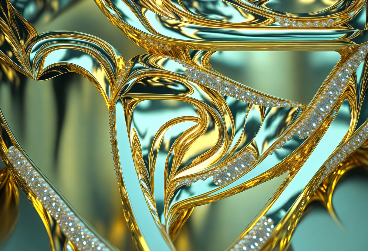 Swirling golden fractal art with glittering jewels on blue background