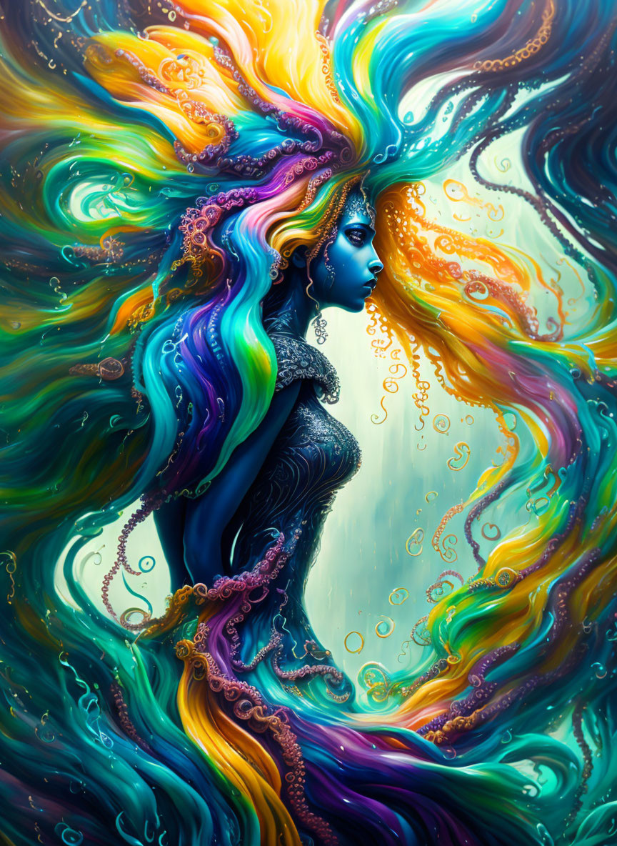 Colorful Artwork of Woman with Flowing Hair and Abstract Swirls