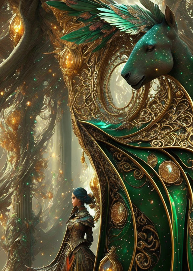 Majestic horse with peacock features and armored woman in ornate forest setting