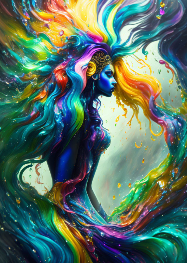 Multicolored hair woman with decorative headpiece and magical aura