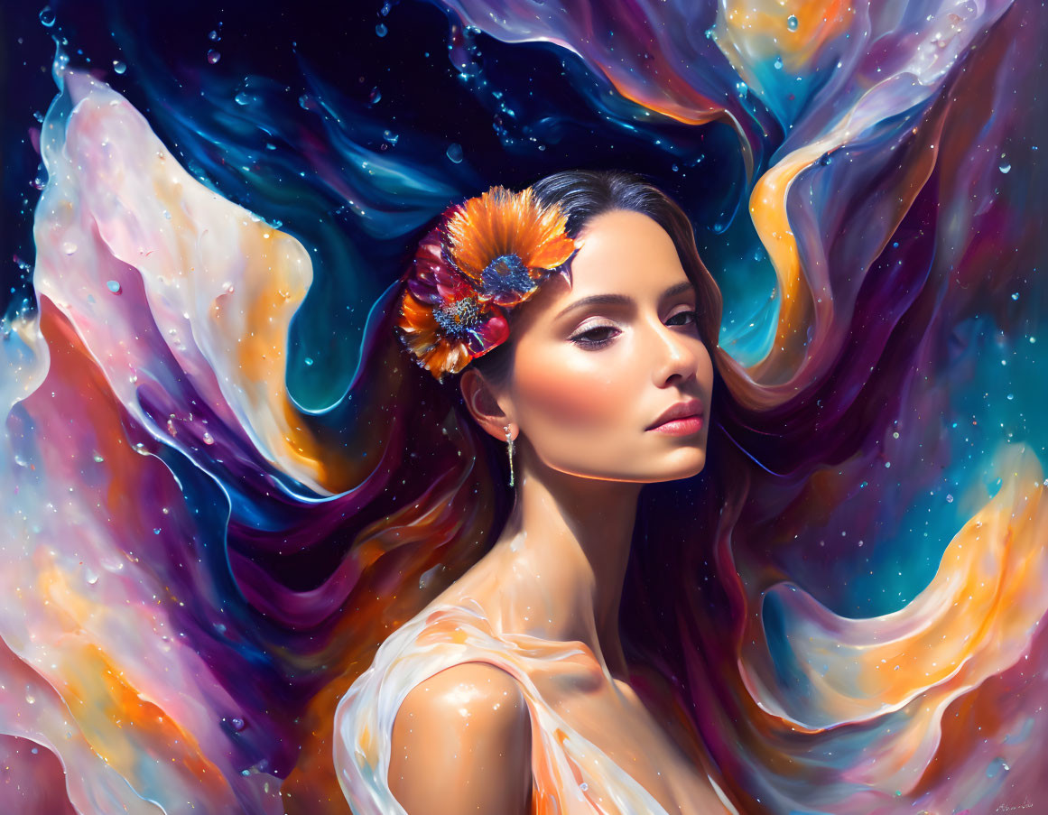 Woman with Decorative Flower in Hair Against Vibrant Cosmic Background