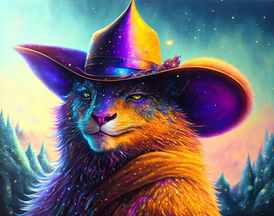 Colorful Cat Artwork with Galaxy Wizard Hat and Mystical Forest Background