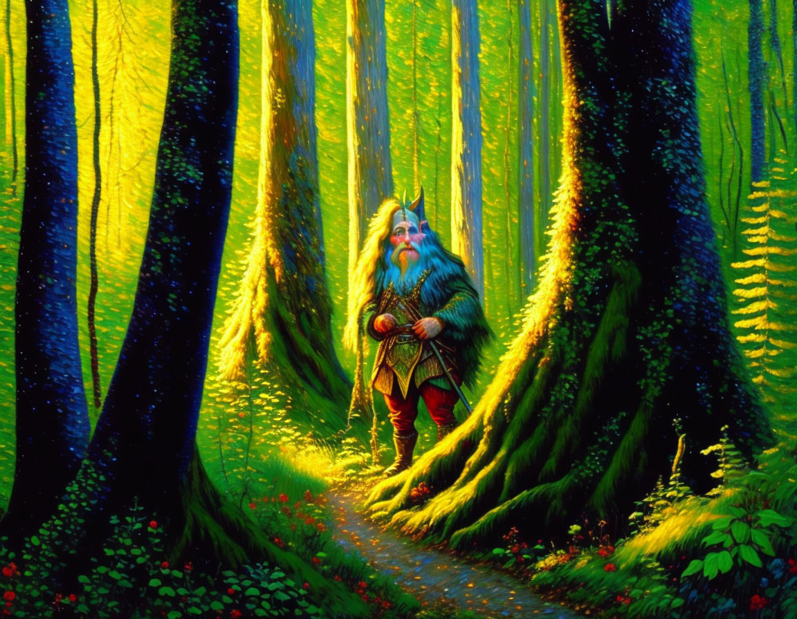 Bearded dwarf with axe in vibrant forest landscape