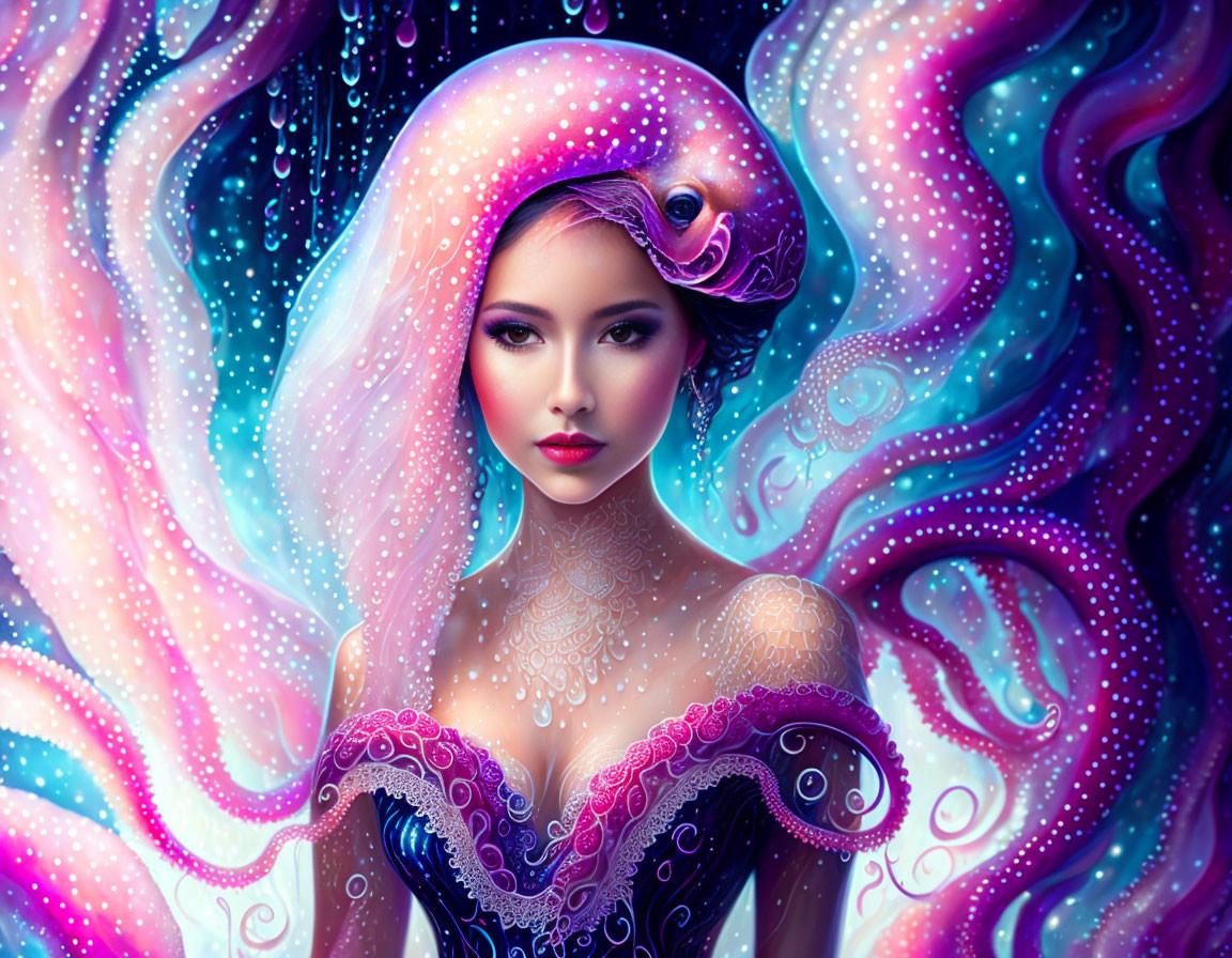 Surreal portrait of woman with octopus hat in cosmic swirls