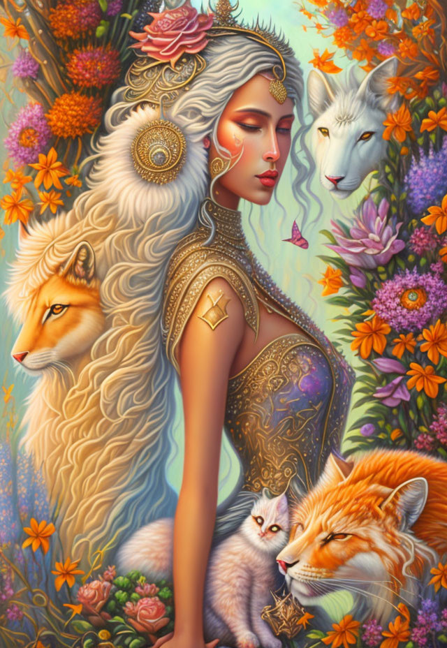 Mystical woman with adorned hair and golden arm tattoo surrounded by vibrant flowers and animals.