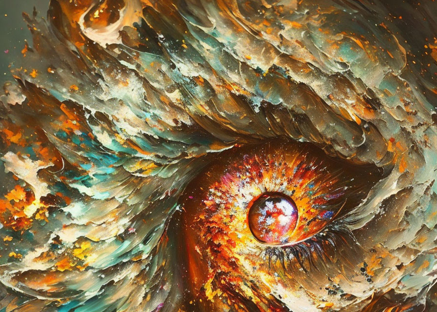 Abstract eye painting with swirling feather-like colors.