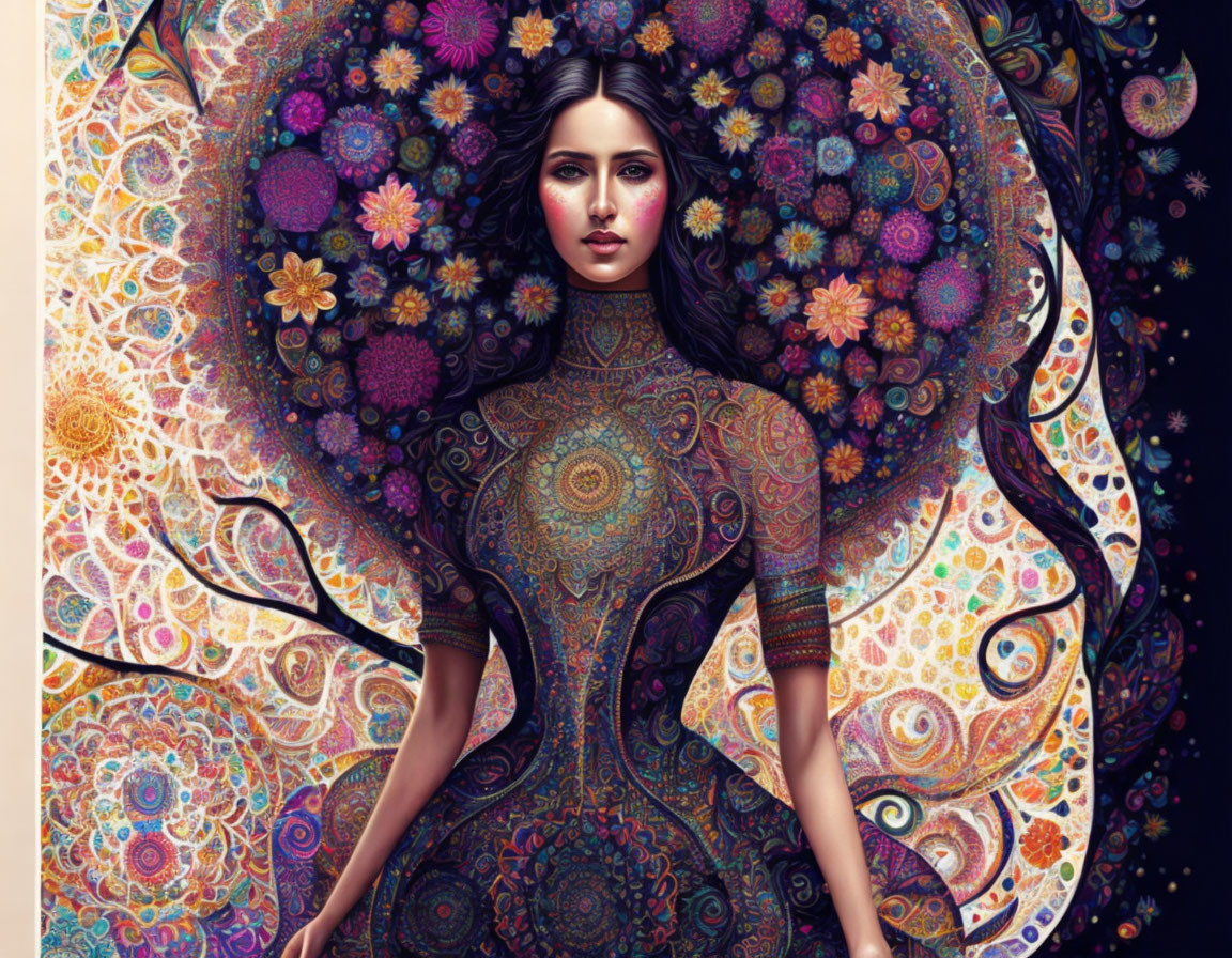 Digital artwork featuring woman with floral patterns and mandala background