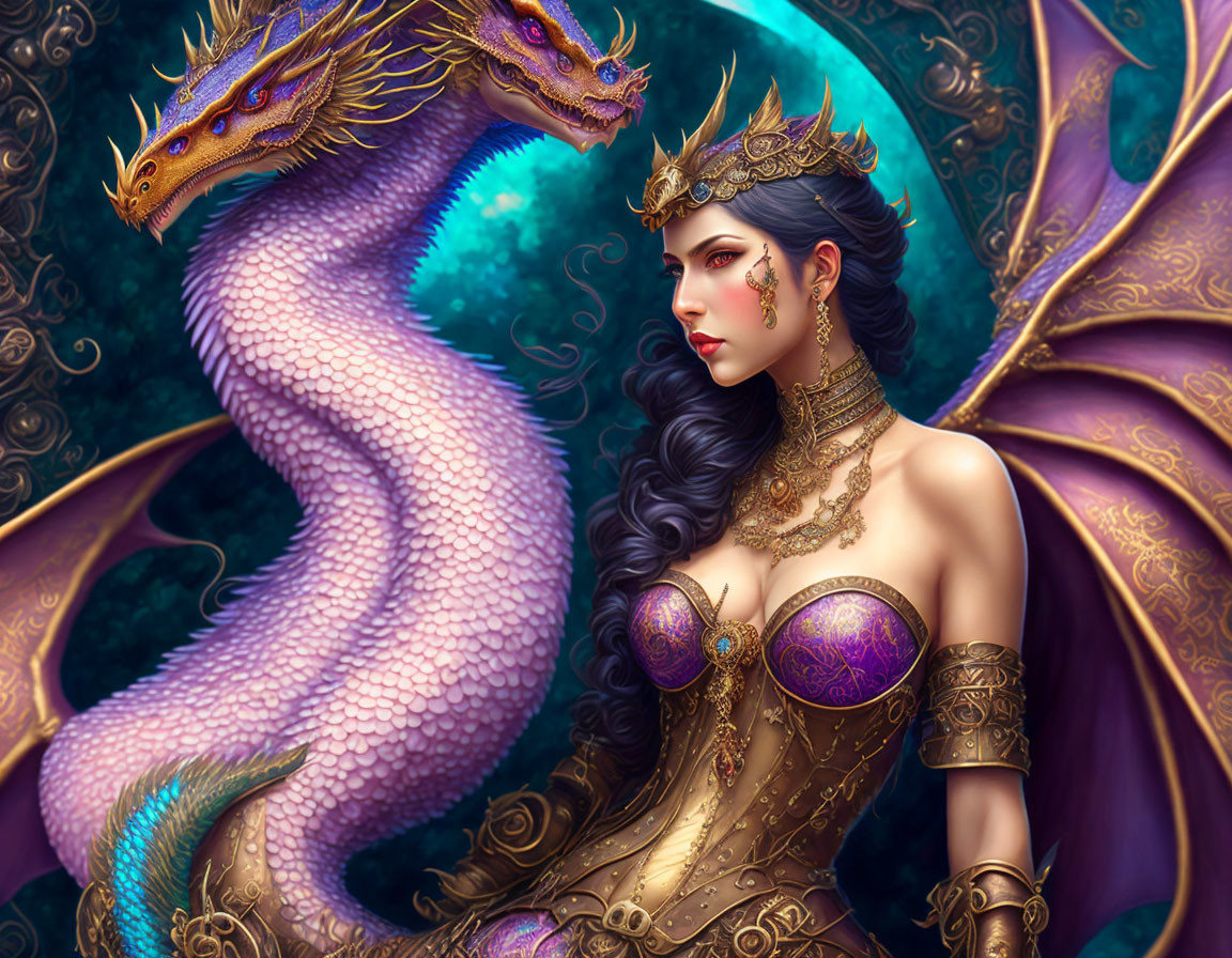 Regal woman in ornate crown with majestic purple dragon