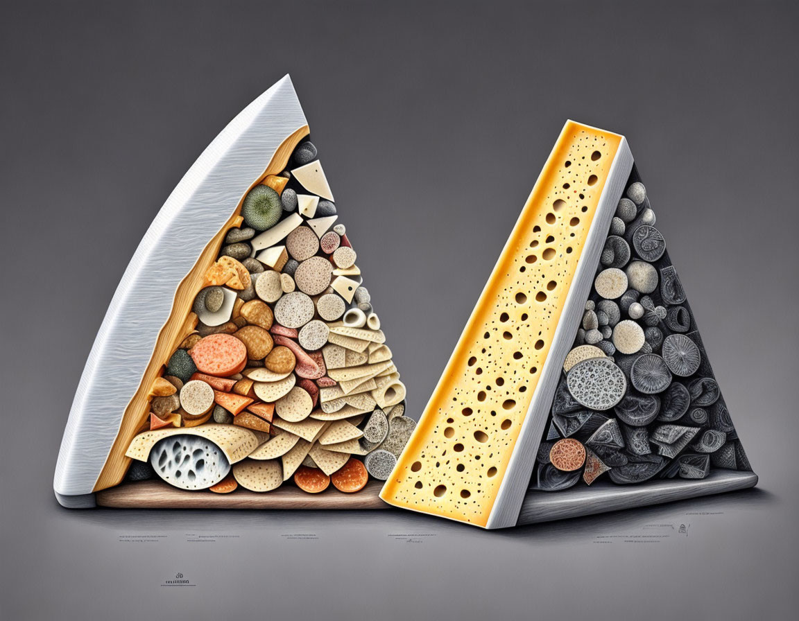 Cheese Cross-Section Comparisons with Objects on Gray Background