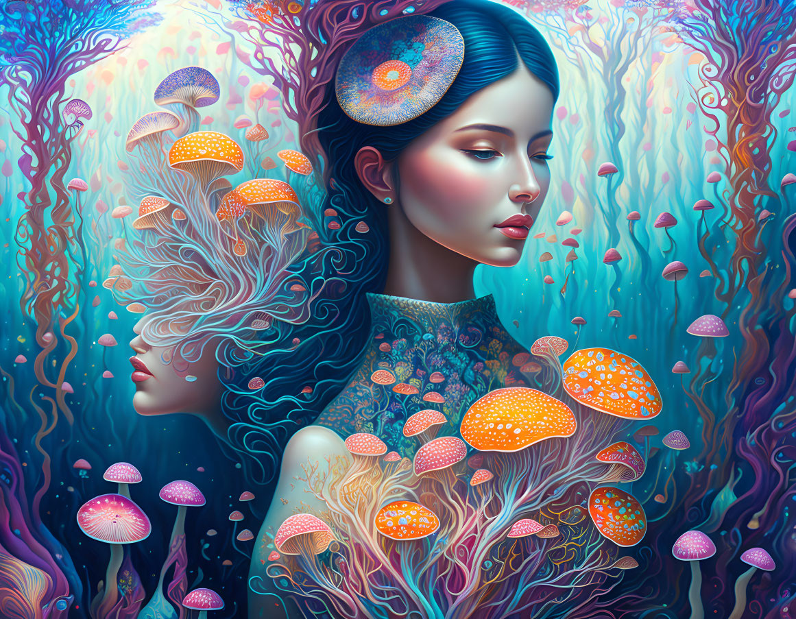 Ethereal woman with vibrant mushrooms and ghostly figure in teal forest