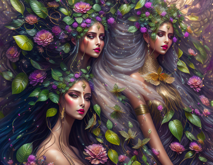 Three women in floral headdresses and golden jewelry among vibrant flowers and leaves.