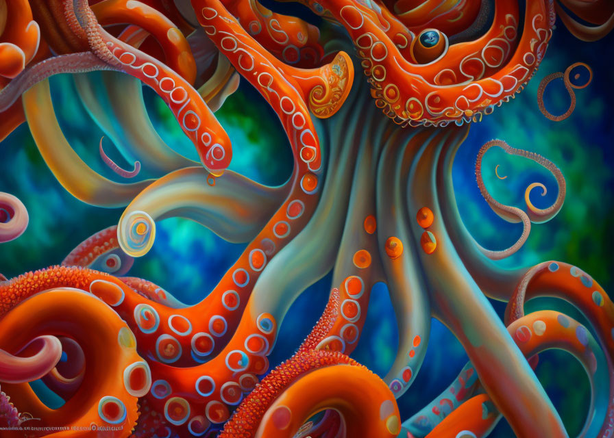 Colorful Digital Artwork of Octopus with Orange and White Tentacles Underwater