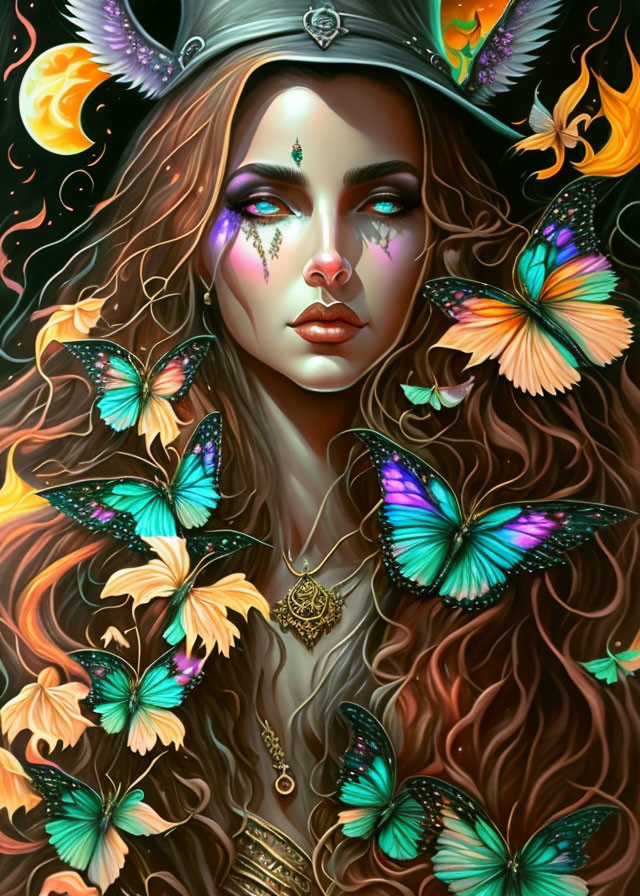 Fantasy illustration: Woman with wavy hair, vibrant butterflies, moon, star, and flame motifs