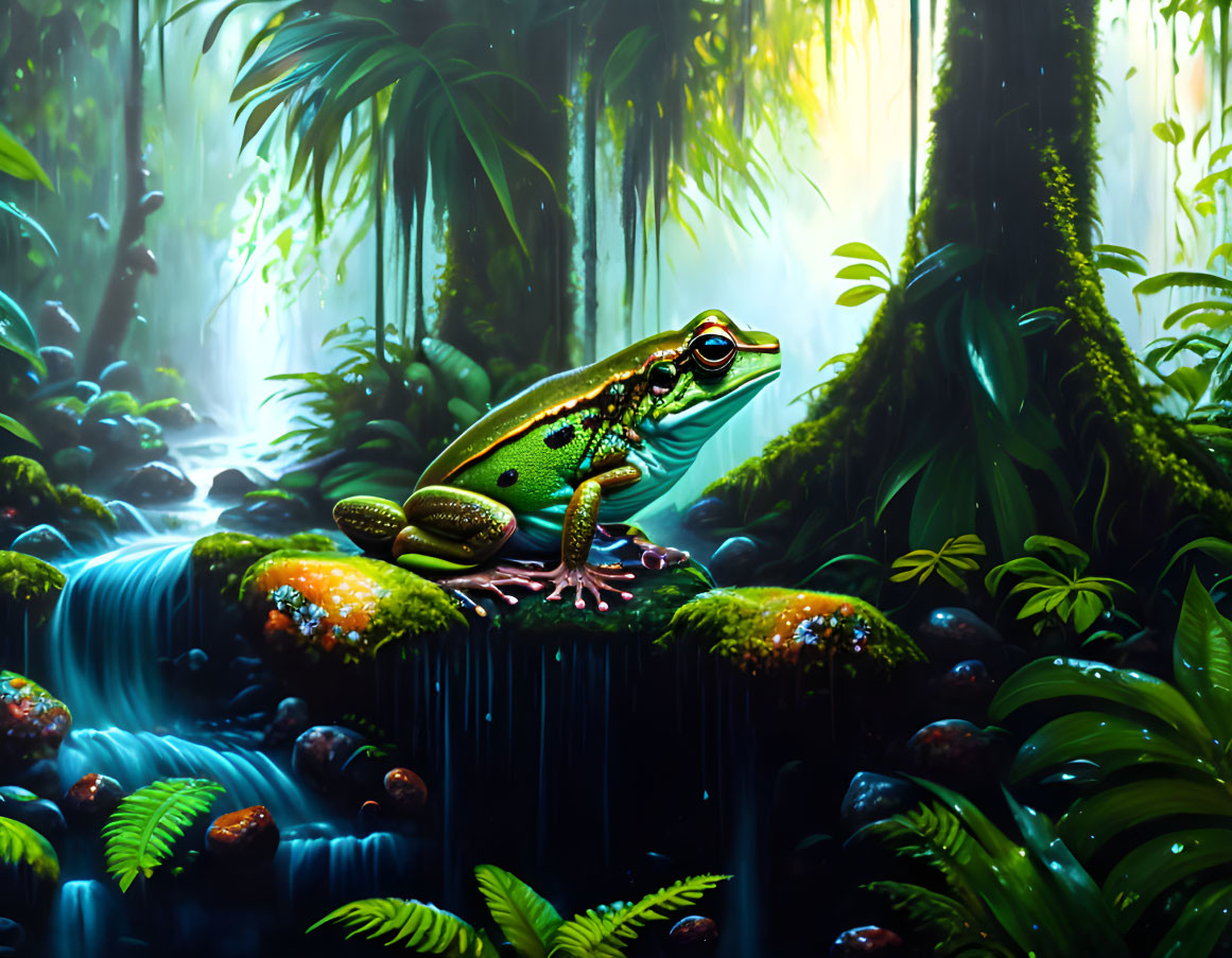 Green frog on mossy rock by stream in lush forest landscape