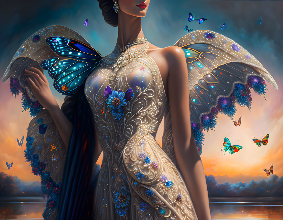 Ethereal woman with butterfly wings adorned with jewelry at dusk.