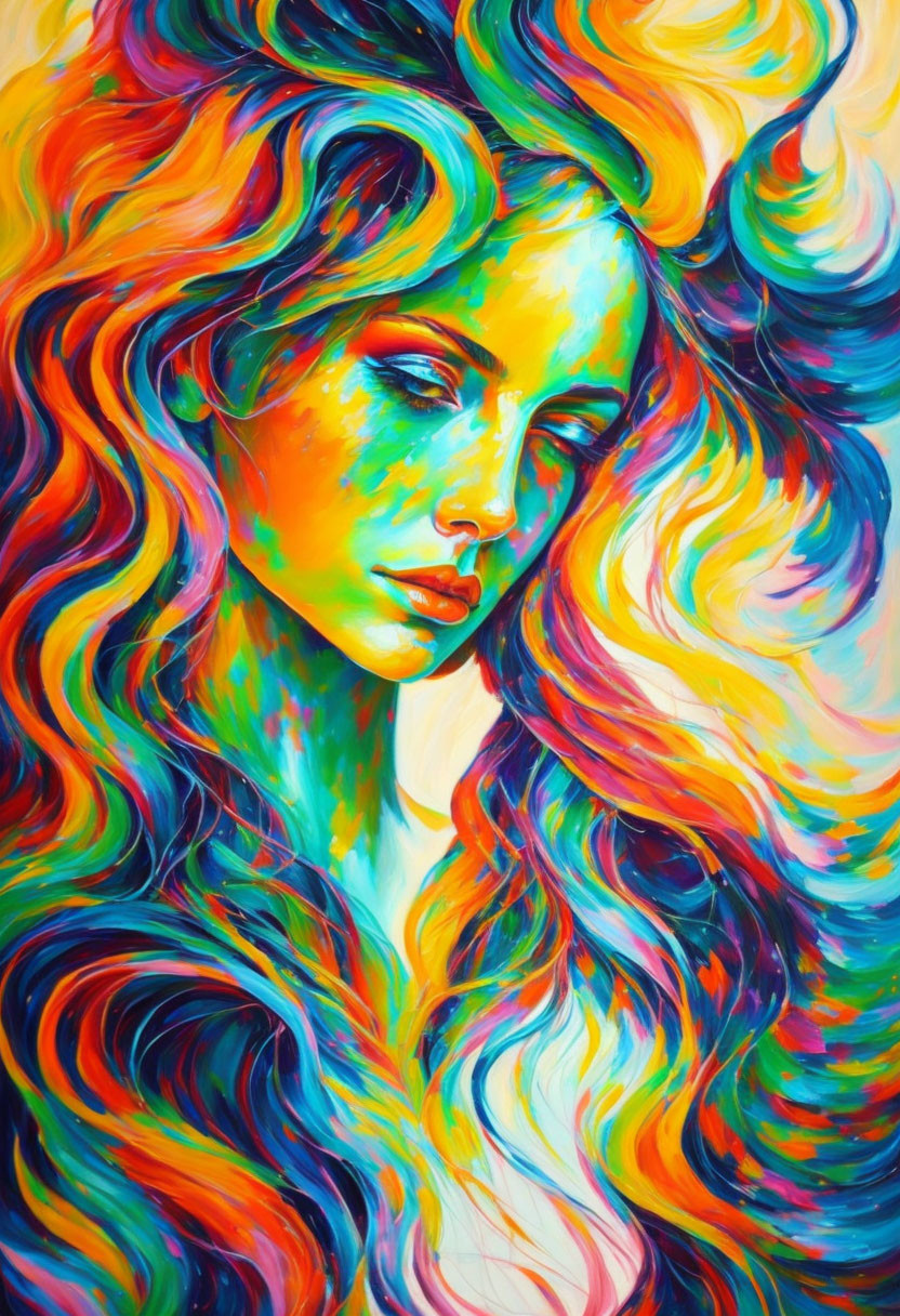 Colorful portrait of a woman with flowing multicolored hair