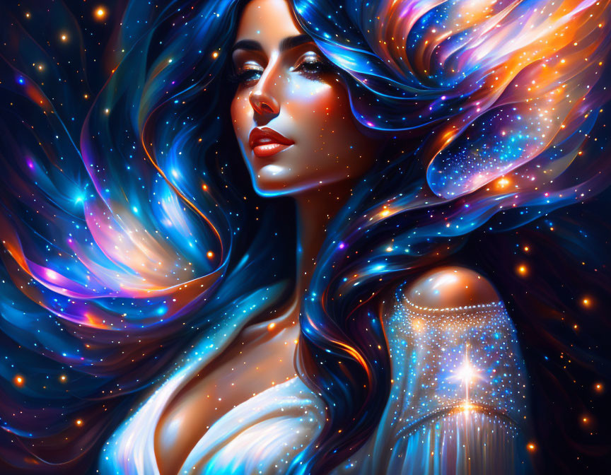 Colorful digital portrait of a woman with starry night sky hair motif