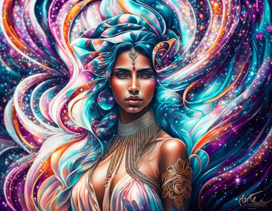 Vibrant cosmic artwork: woman with swirling hair and body jewelry