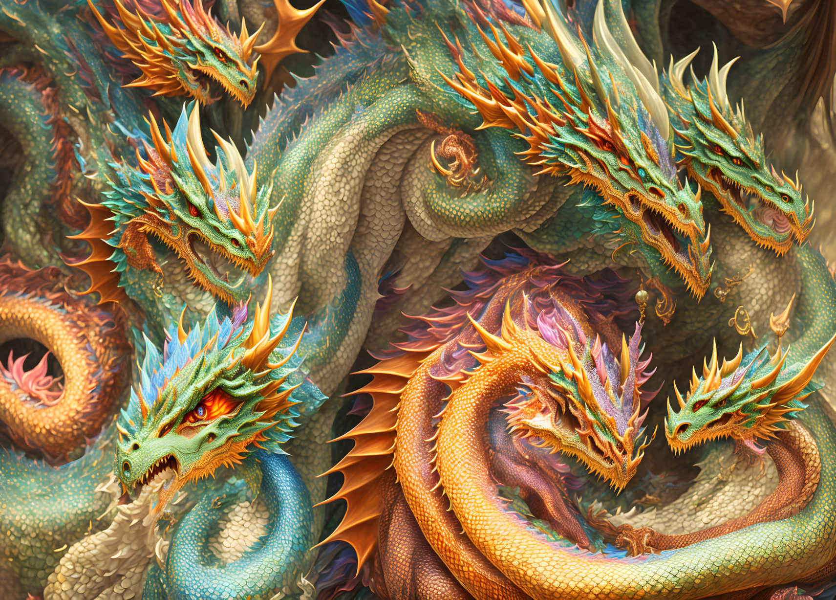 Detailed Digital Illustration of Intertwined Dragons