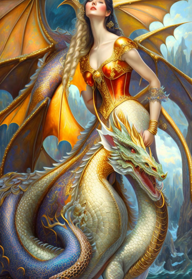 Illustrated woman in golden corset on dragon with stormy skies backdrop