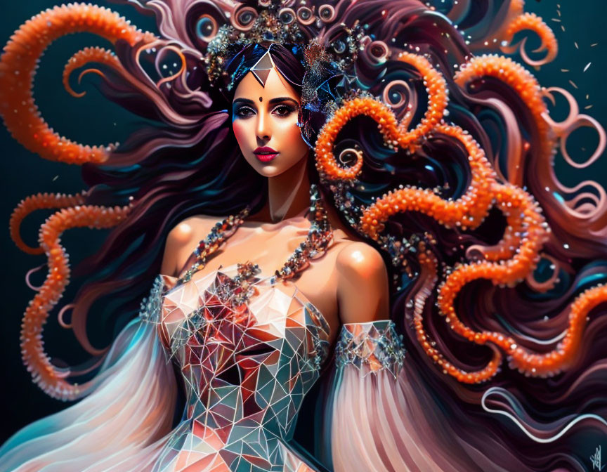 Illustrated woman with geometric dress and tentacle hair design