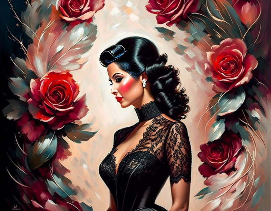 Stylized portrait of woman with dark hair in vintage attire among red roses