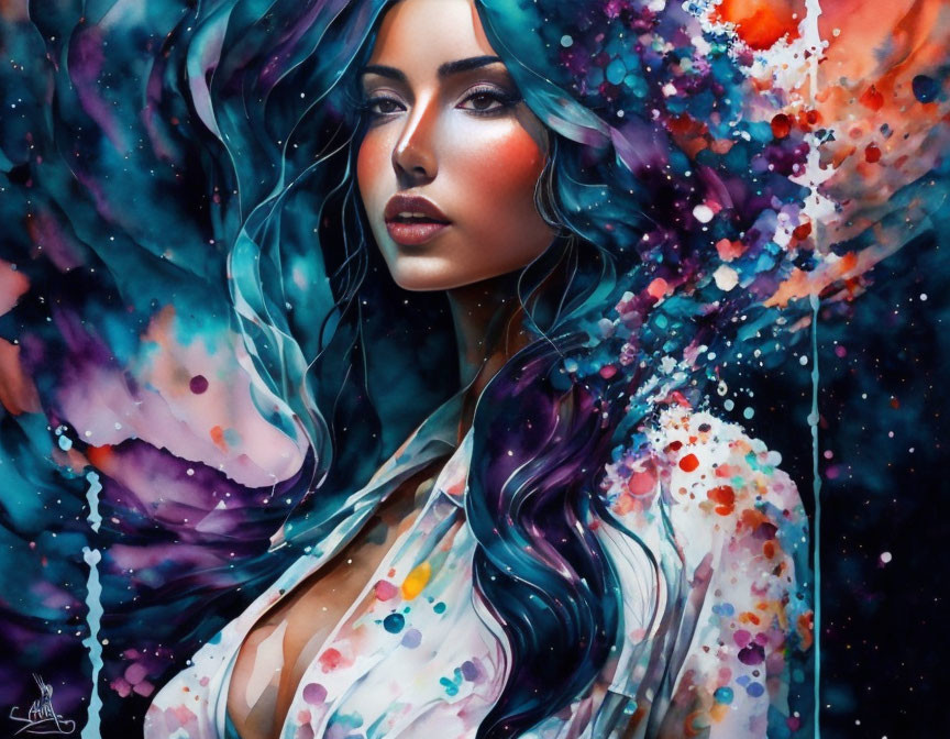 Vibrant blue and purple portrait of a woman with flowing hair