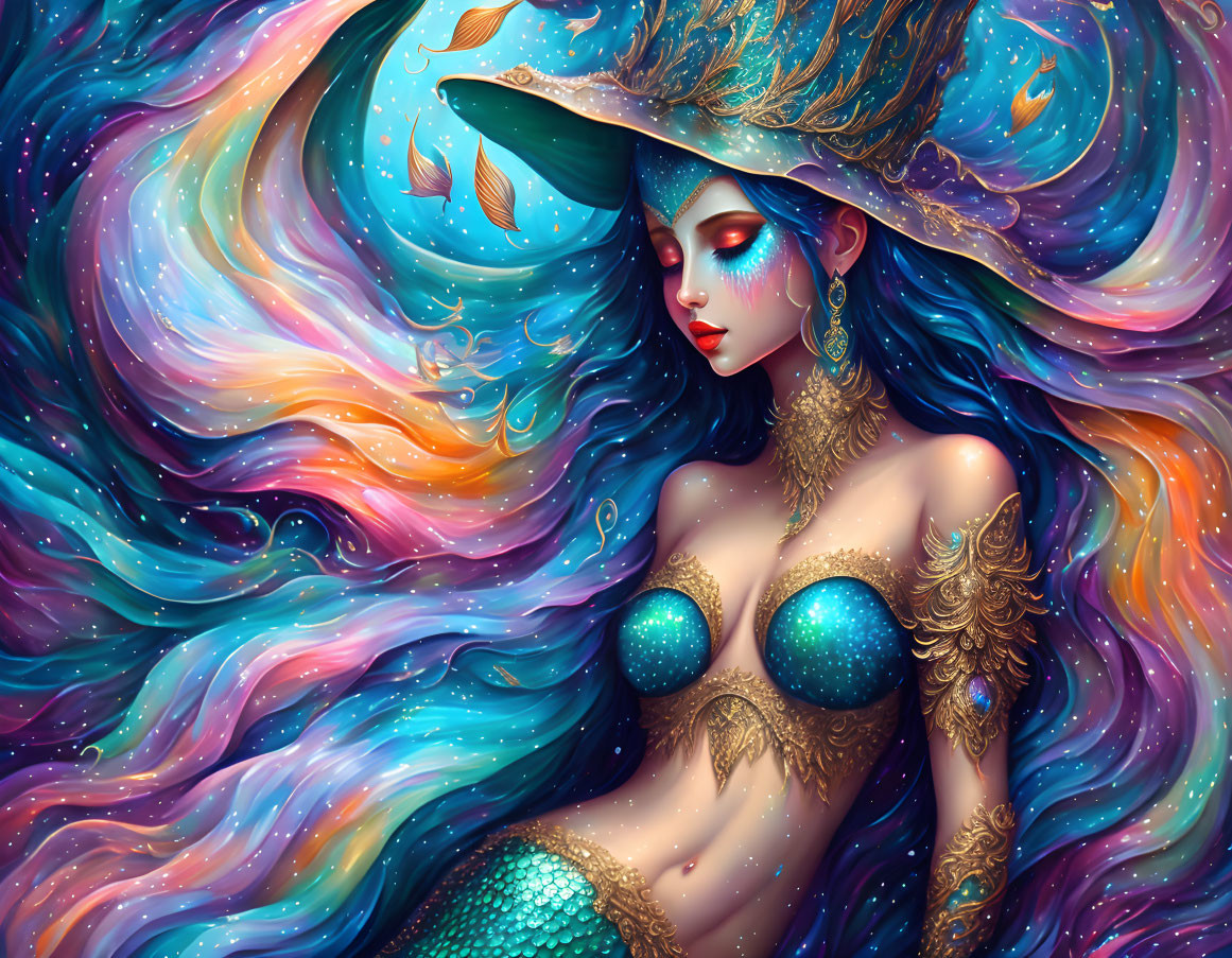 Vibrant fantasy art of ocean-inspired mermaid with gold accents