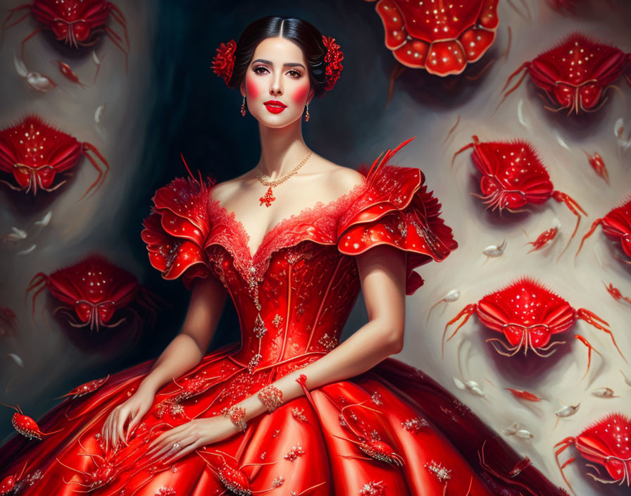 Woman in Red Ornate Dress with Crab Motifs and Floral Accessories Poses Against Crab Backdrop