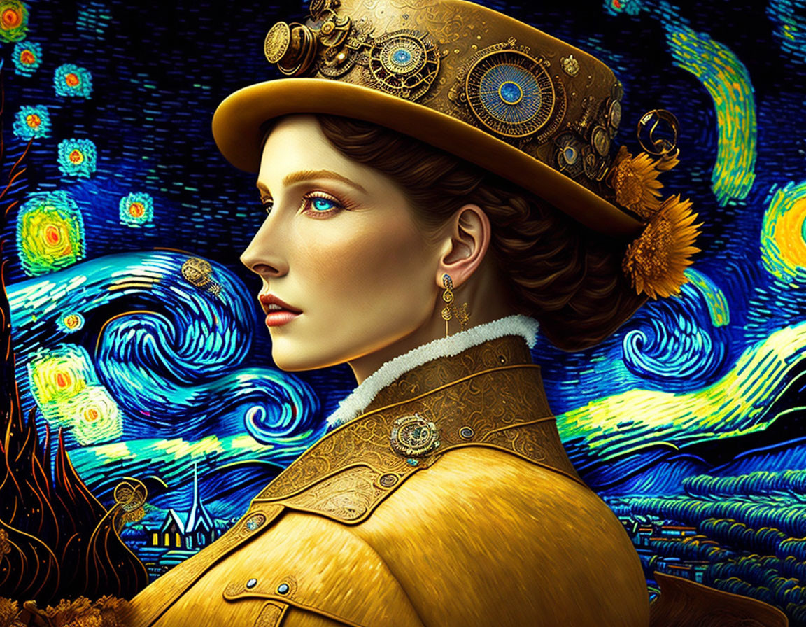 Steampunk-style woman with gear hat in Van Gogh-inspired night scene